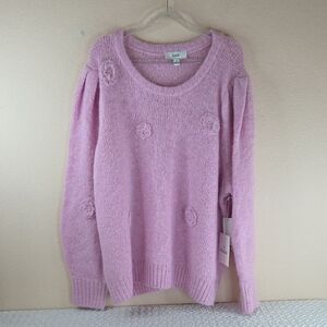 Ce Ce Pink Flower Appliqué  Sweater 3X Fuzzy Texture Crew Neck 3D Floral
